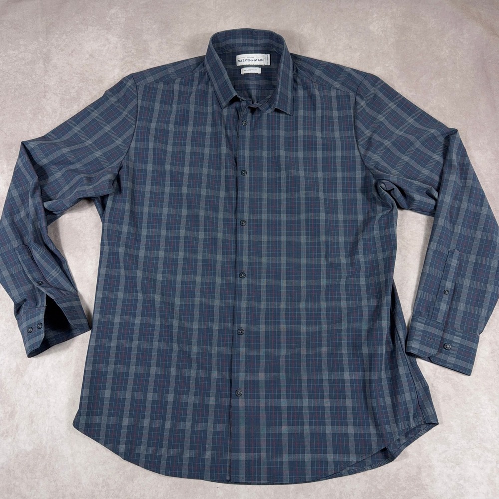 Mizzen+Main Leeward Performance‎ Plaid Dress Shirt XXL Trim Fit Navy Blue Red